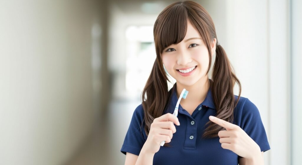 歯ブラシを持っている女性の介護職員の画像