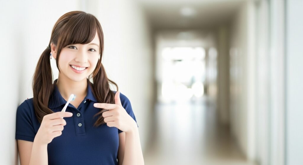 介護施設の居室で、ネイビーの制服を着た女性介護職員が歯ブラシを手に持ち、笑顔で口腔ケアの準備をしている様子。高齢者の口腔清潔を保つための歯磨き介助や誤嚥性肺炎予防につながる口腔ケアを想定した場面。