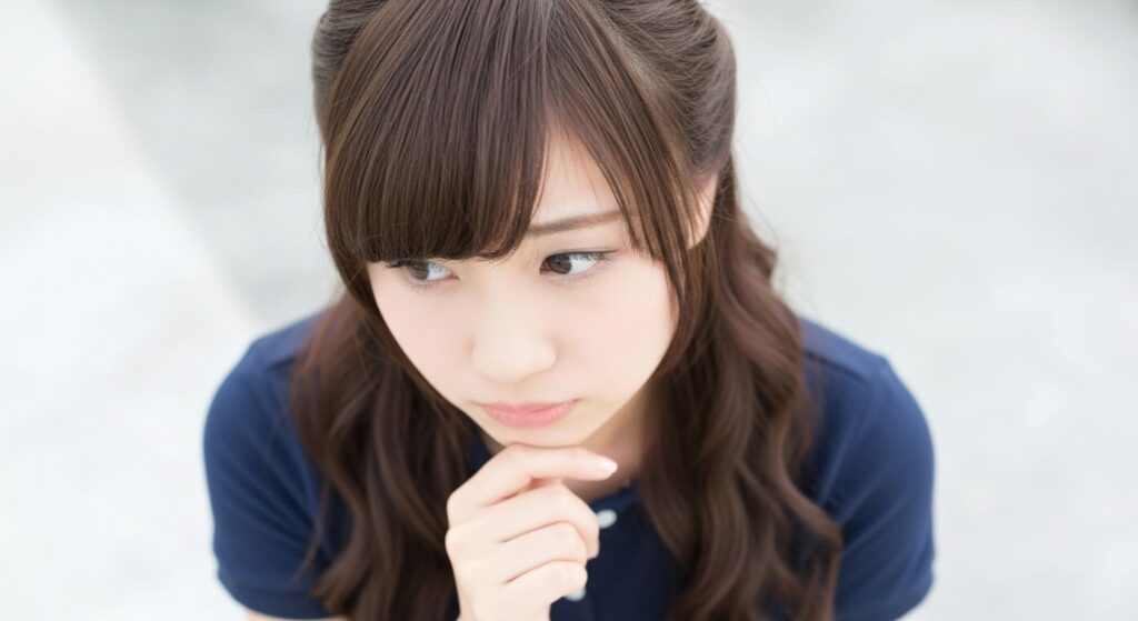 介護施設内で顎に手を当て、視線を落として思案する若い女性介護職員の様子。利用者対応やケア内容の見直し、認知症ケアや業務改善について一人で考えている場面を想定したイメージ。