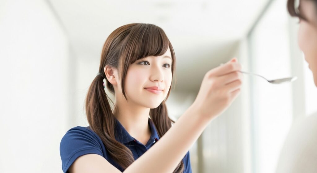 食事介助をしている女性の介護職員の画像