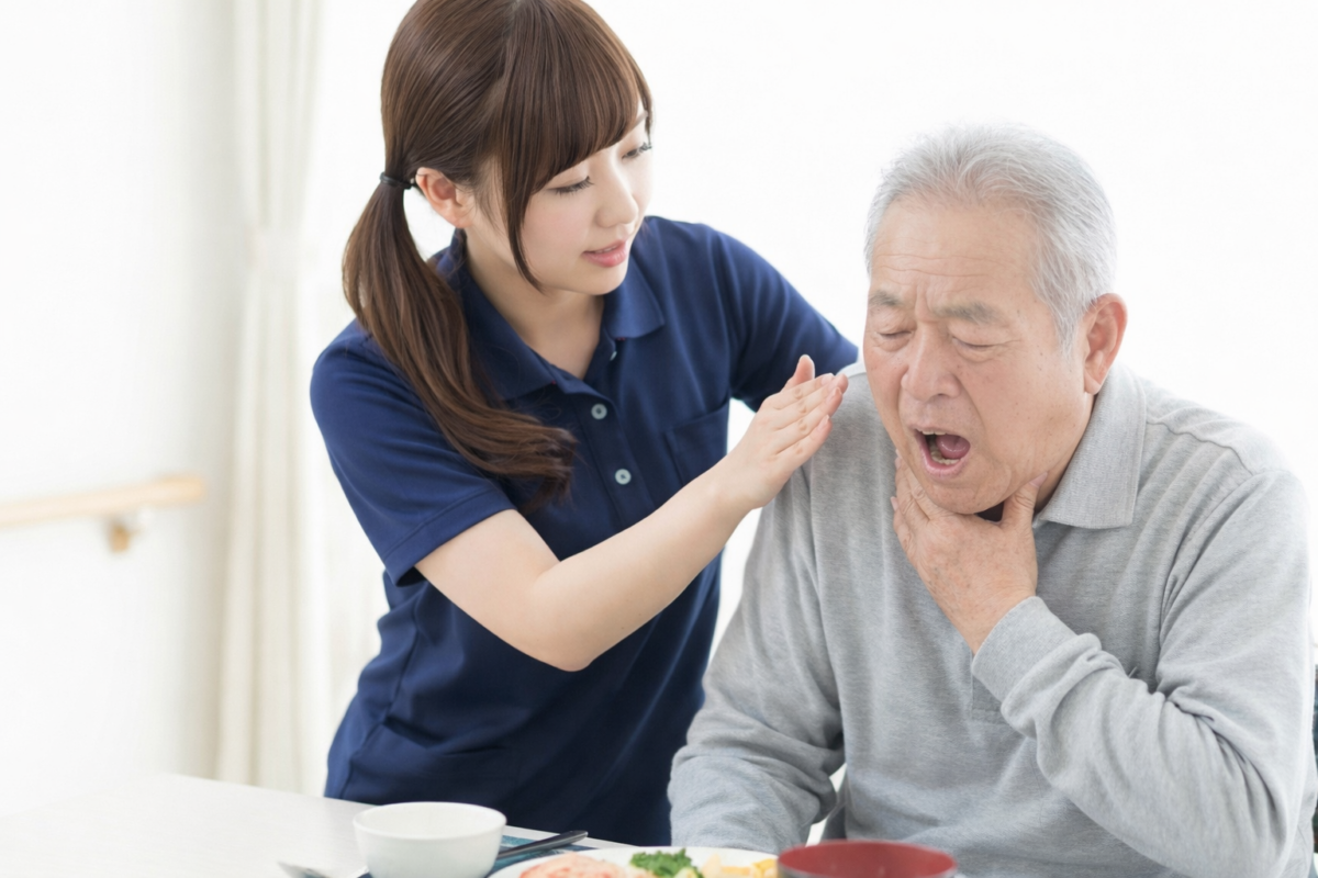食事中に誤嚥し咳き込む高齢男性の背中を、女性介護職員がタッピングして対応している様子。介護現場における誤嚥時の応急対応、窒息予防、嚥下障害ケアと安全管理の重要性を示すイメージ。