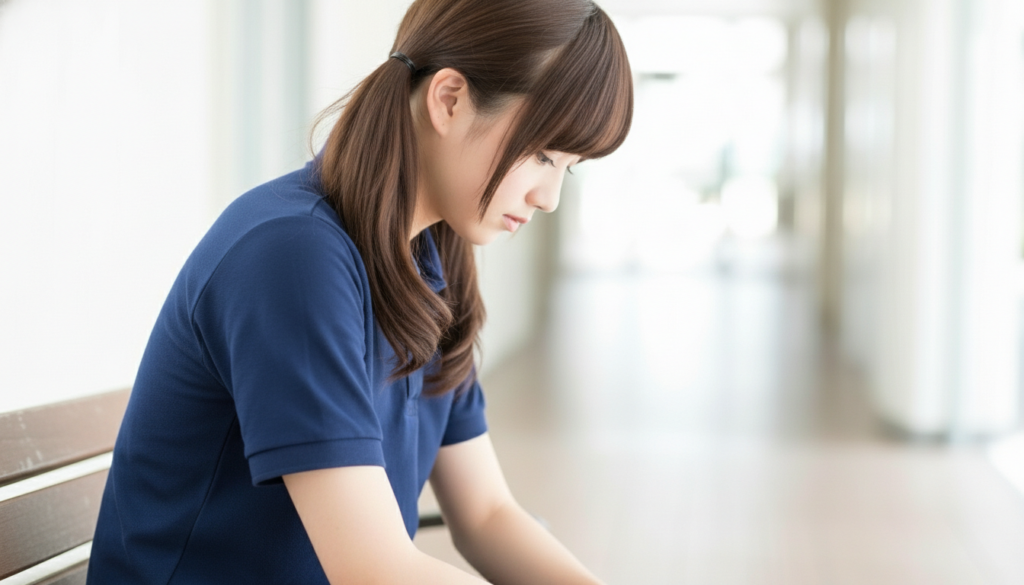 介護施設の廊下のベンチに座り、うつむいて落ち込む様子の若い女性介護職員。業務負担や人間関係の悩み、メンタルヘルス不調、バーンアウトリスクなど介護現場のストレス課題を示すイメージ。