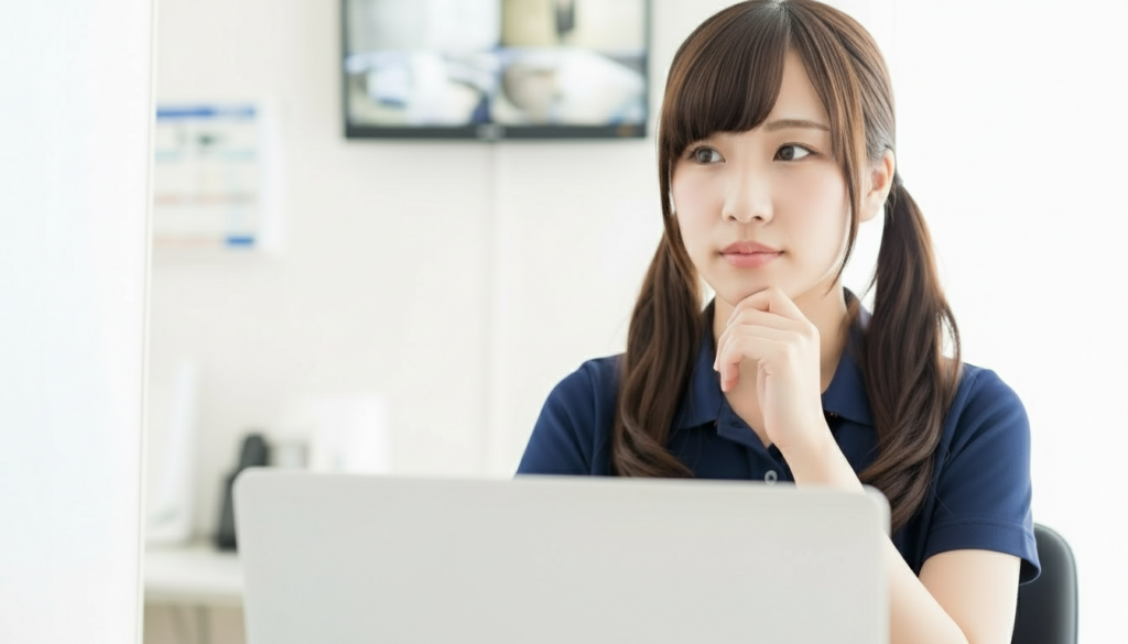 介護事務や記録入力中に、パソコンの前で考えを巡らせる女性スタッフ。背景には見守りカメラのモニター