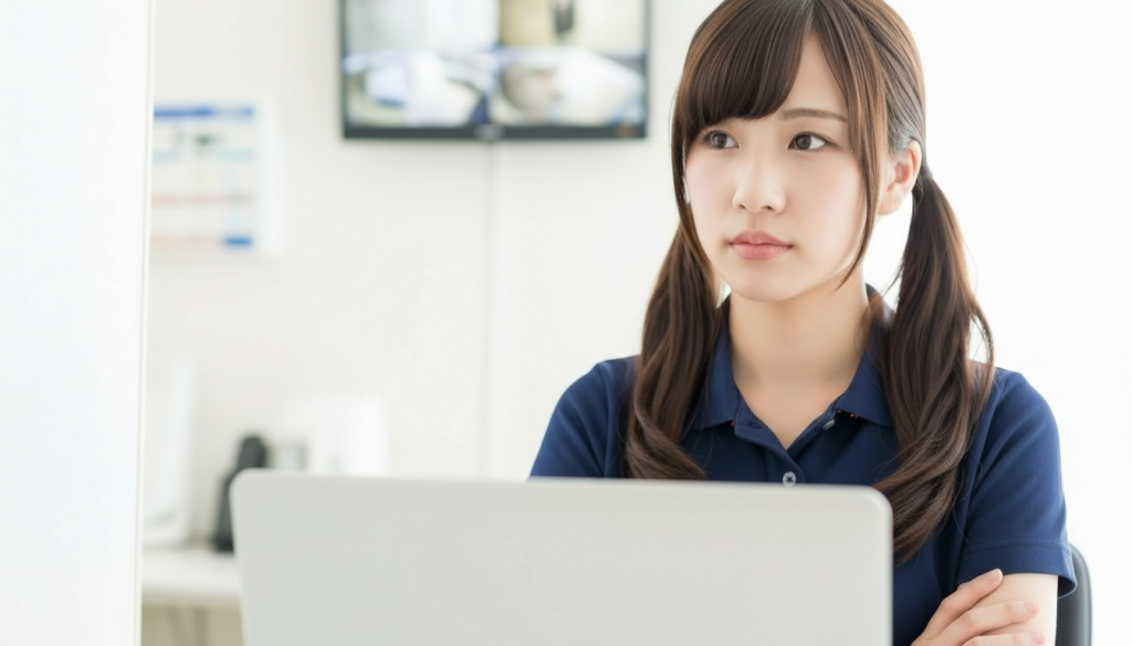 介護施設の事務スペースでノートパソコンに向かい、腕を組みながら静かに考え込む若い女性介護職員の様子。介護業務の課題やケア内容の見直しについて思案しているイメージ。