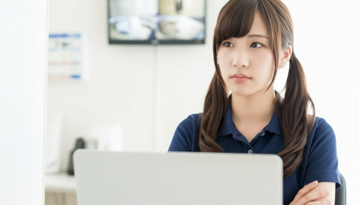 介護施設の事務スペースでノートパソコンに向かい、腕を組みながら静かに考え込む若い女性介護職員の様子。介護業務の課題やケア内容の見直しについて思案しているイメージ。