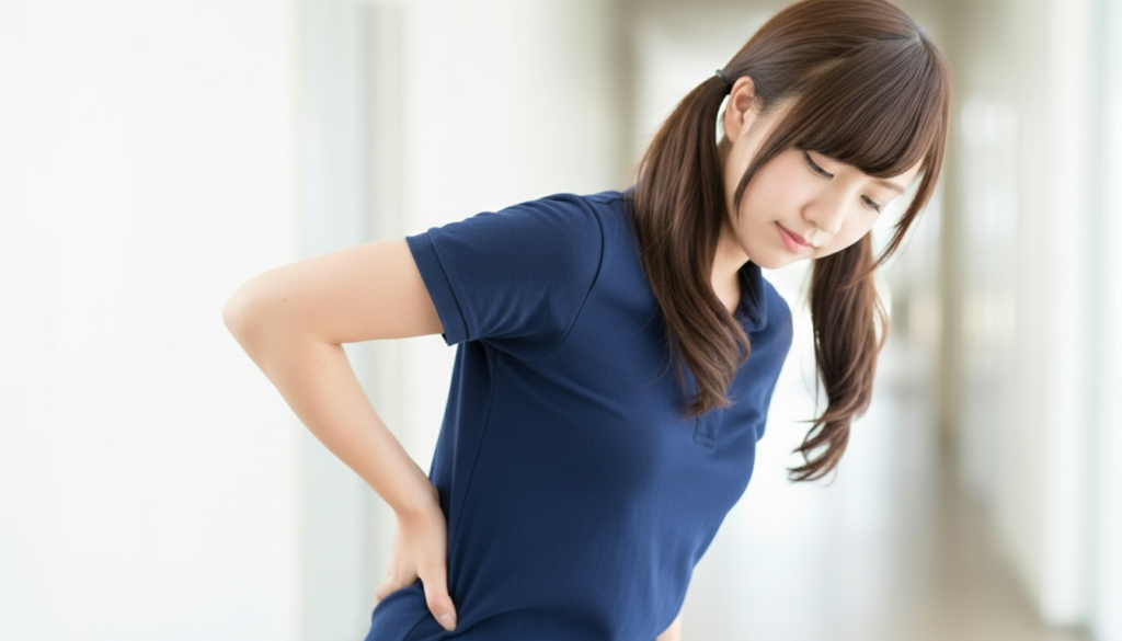 介護施設の廊下で腰に手を当て痛みを訴える若い女性介護職員の様子。移乗介助や体位変換による腰痛、介護職の職業性腰痛リスク、ボディメカニクスと腰痛予防対策の重要性を示すイメージ。