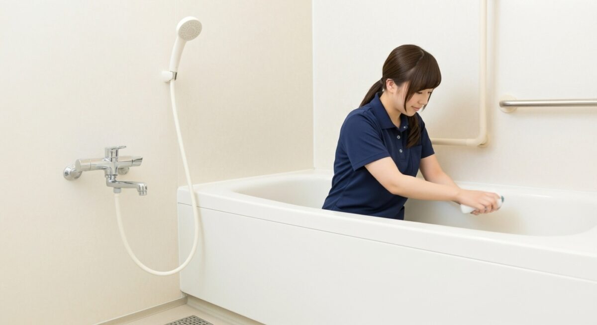 介護施設の浴室で、女性介護職員が浴槽を清掃・消毒し入浴環境の衛生管理を行っている様子