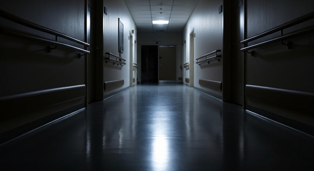 夜間の介護施設の廊下の様子。照明が落とされた静かなフロアで、手すりが設置された通路が続いており、夜勤帯の見守り体制や徘徊リスク、転倒予防など夜間ケアの安全管理を示すイメージ。