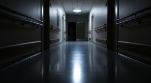 夜間の介護施設の廊下の様子。照明が落とされた静かなフロアで、手すりが設置された通路が続いており、夜勤帯の見守り体制や徘徊リスク、転倒予防など夜間ケアの安全管理を示すイメージ。