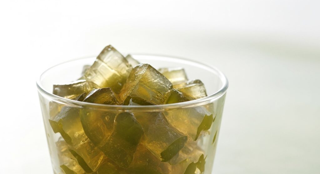 透明なガラス容器に盛られたお茶ゼリーのアップ写真。嚥下機能が低下した高齢者向けのやわらかいデザートとして提供される、介護食・嚥下調整食（ソフト食）のイメージ。