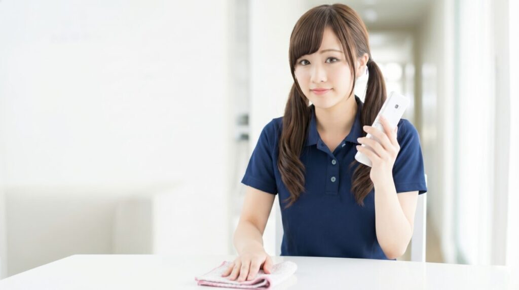 介護職員がPHS(業務用携帯)を手に持つ様子。ナースコール対応や職員間の連絡に使用する介護現場の通信手段