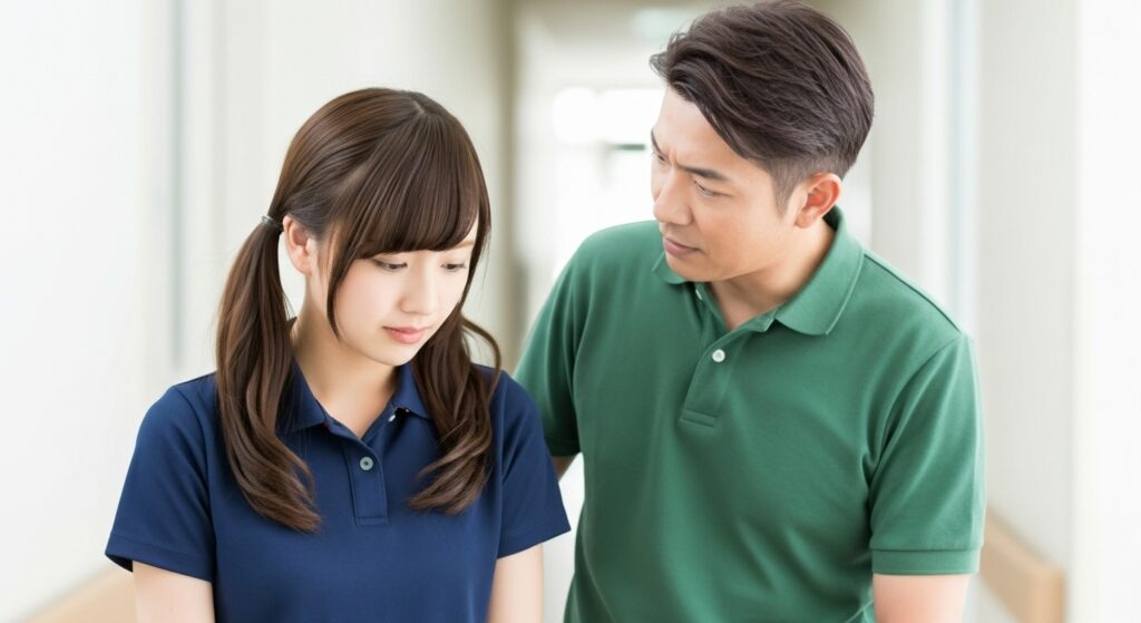 介護施設の廊下で、男性職員が若い女性介護職員に厳しい態度で詰め寄っている様子。介護現場におけるパワーハラスメント問題、職場の人間関係トラブル、メンタルヘルス悪化リスクを示すイメージ。