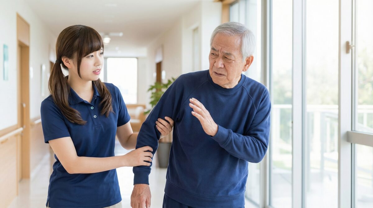 高齢者施設で、女性介護職員が高齢男性の歩行を支援する中で、介助への拒否や戸惑いが見られる場面