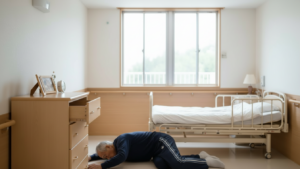 介護施設の居室内で、高齢男性がベッド横の床に倒れている場面。転倒後に自力で起き上がれない状況を示しており、事故発生直後や発見時のイメージ。