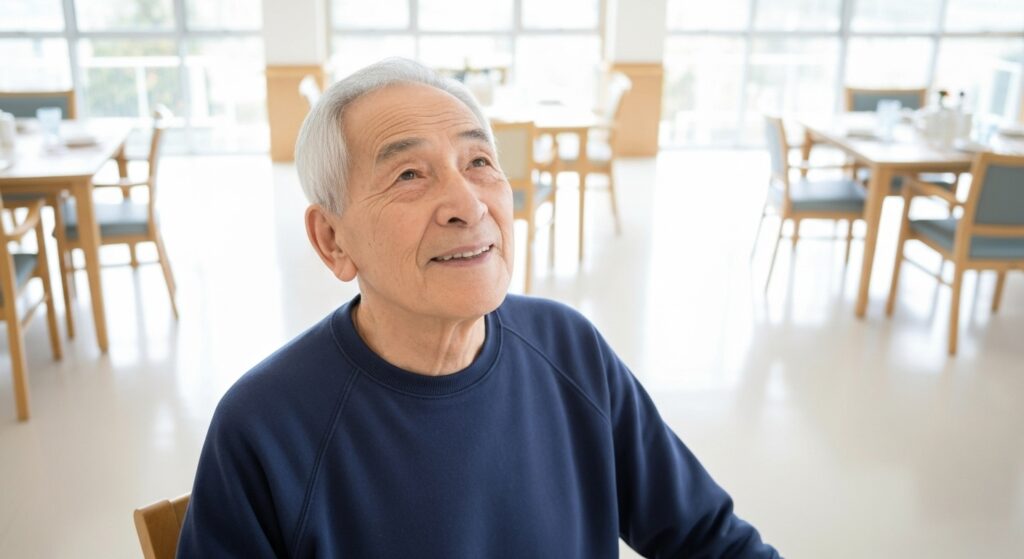 介護施設の明るい食堂で、椅子に座った男性高齢者が上を見上げ穏やかに微笑んでいる様子。高齢者の生活支援・認知症ケア・安心できる介護環境をイメージ