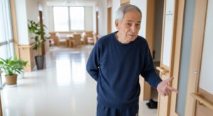 介護施設の廊下で落ち着かない様子を見せる男性高齢者の姿。手振りを交えながら訴えるような表情をしており、認知症による不穏症状や徘徊リスク、見守り対応と環境調整の必要性を示すイメージ。