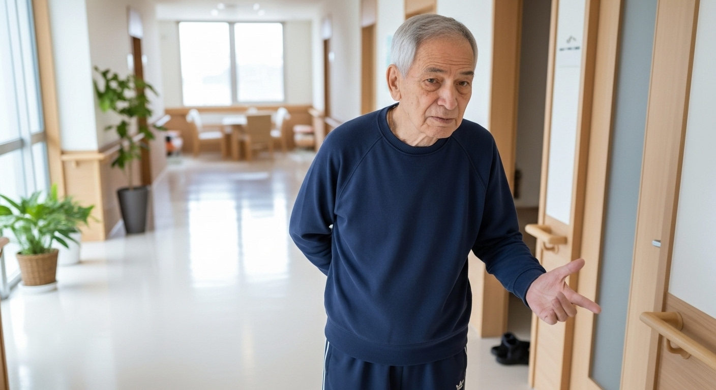 介護施設の廊下で落ち着かない様子を見せる男性高齢者の姿。手振りを交えながら訴えるような表情をしており、認知症による不穏症状や徘徊リスク、見守り対応と環境調整の必要性を示すイメージ。