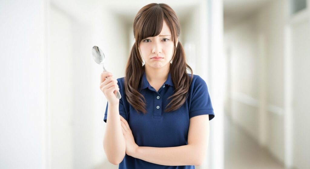 介護施設の食堂で、スプーンを手に持ち困惑した表情を浮かべる若い女性介護職員の様子。食事介助の悩みや嚥下リスク対応、介護現場の課題をイメージした写真。
