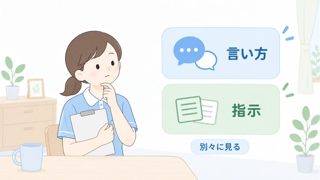 介護職員が言い方へのつらさと指示の分かりにくさを、別々の確認点として考える図です。
