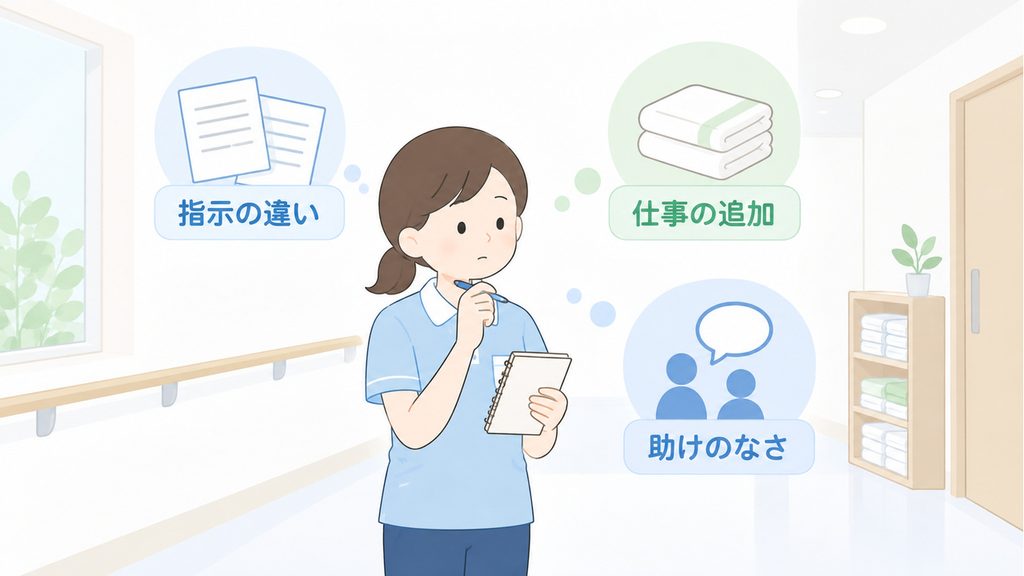 施設内で介護職員が、指示の違い、追加の仕事、助けを頼れない場面を振り返るイラストです。
