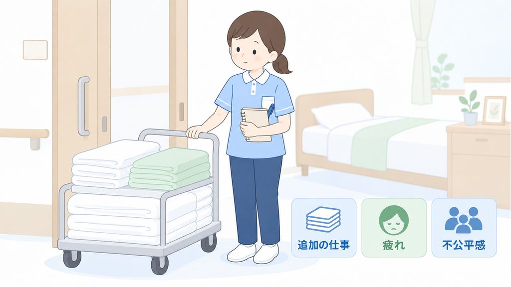 リネンの追加作業を抱えた介護職員が、仕事量の疲れと不公平に感じた気持ちを振り返るイラストです。
