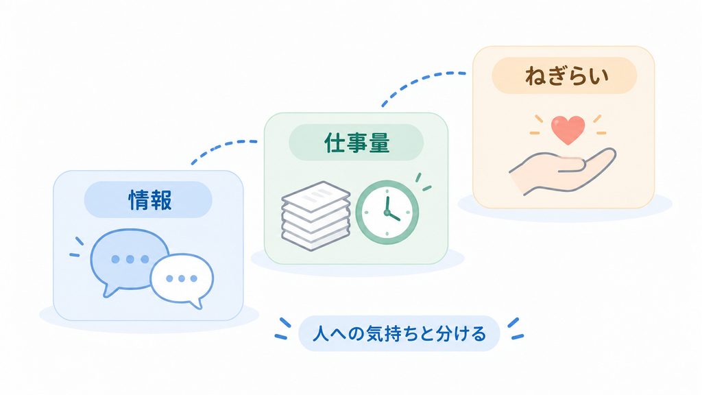 情報の流れ、仕事量、ねぎらいを、人への気持ちと分けて考えるための図です。
