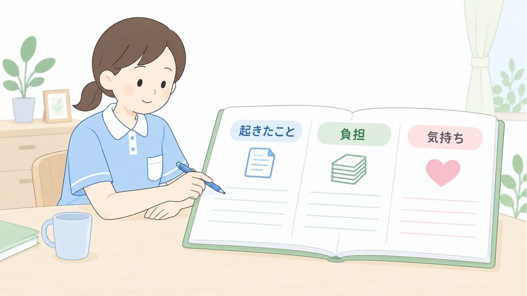 介護職員がノートの欄を見ながら、起きたこと、負担だった部分、気持ちを書き分けるための図です。
