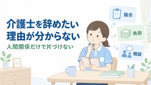 介護職員が辞めたい気持ちを振り返り、指示や負担、相談の場面を考えるイラストです。