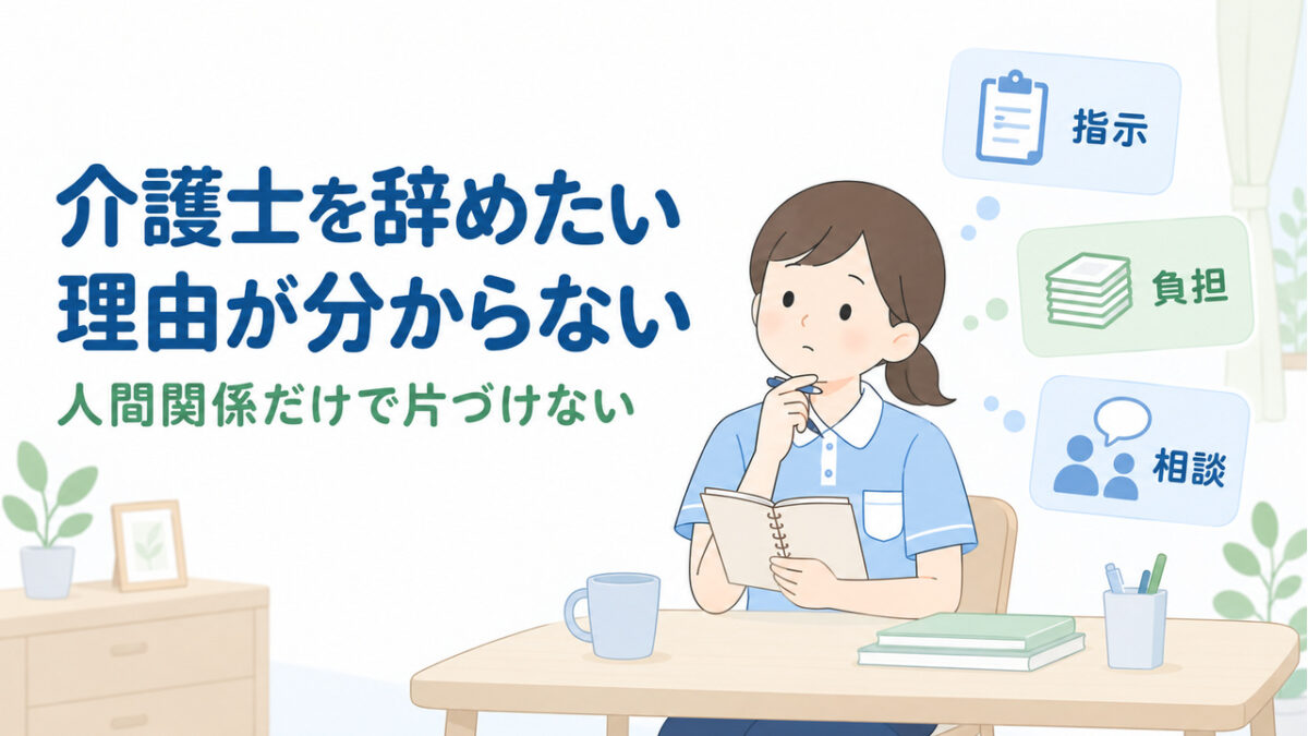 介護職員が辞めたい気持ちを振り返り、指示や負担、相談の場面を考えるイラストです。