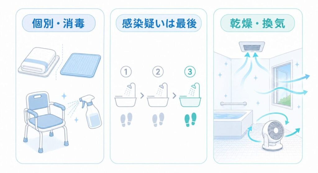 介護施設の浴室感染対策として、物品の個別使用・消毒、感染疑い者を最後にする入浴順序、清掃後の乾燥・換気を示した図。