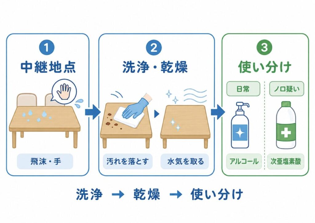 食後のテーブル感染対策の3つの鉄則として、飛沫や手で汚染される中継地点、洗浄と乾燥、日常はアルコール・ノロ疑い時は次亜塩素酸の使い分けを示した図。