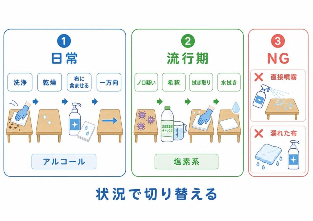 食後のテーブル消毒で、日常は洗浄・乾燥後にアルコールを布へ含ませて一方向に拭き、流行期やノロ疑い時は次亜塩素酸ナトリウムを希釈して拭き取り後に水拭きへ切り替える流れと、直接噴霧・濡れた布のNG行動を示した図。