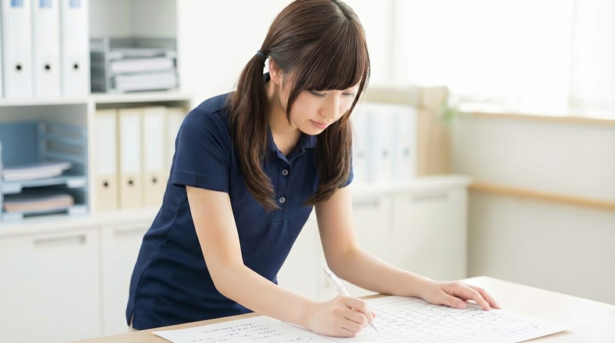 介護職員がケア記録用紙に記入している様子。高齢者の状態やケア内容を記録する介護現場の業務