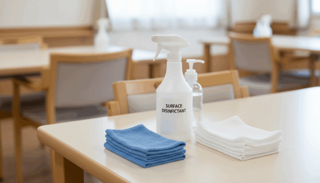 消毒液のボトルと布巾