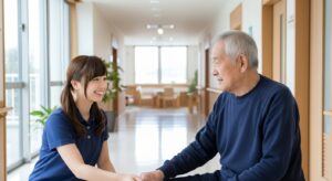 女性介護士と男性入居者