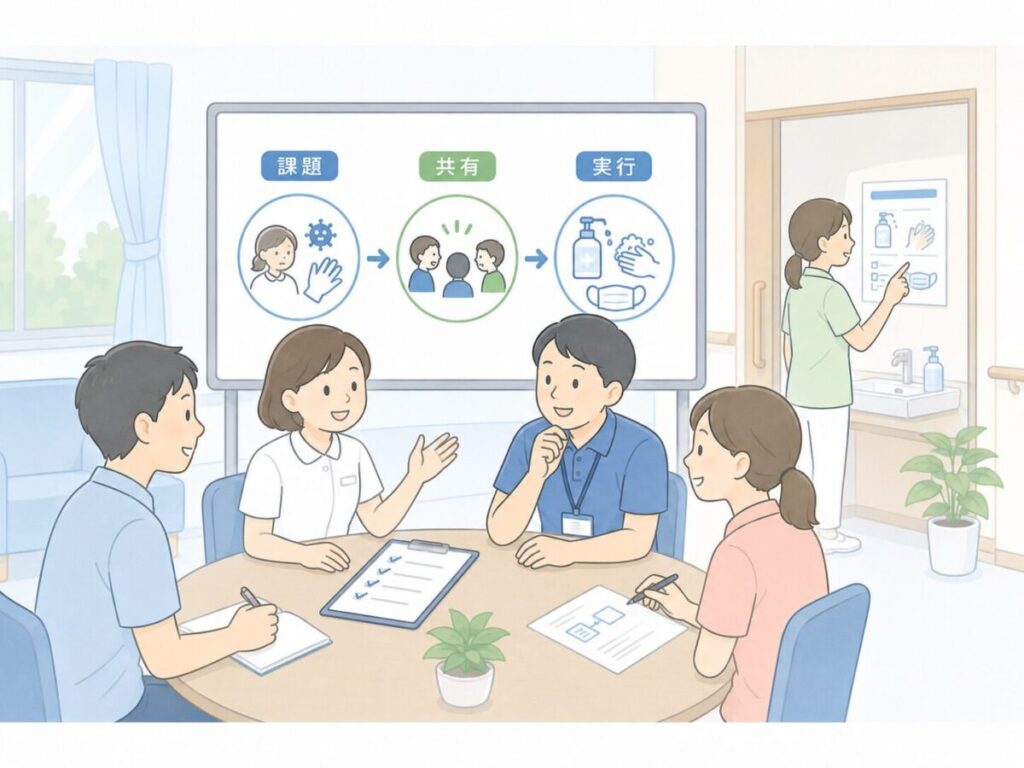 感染対策の課題を共有し、現場で実行できる運用を話し合う委員会のイラスト。