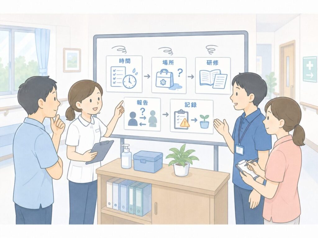 感染対策委員会で、時間・物品の場所・研修・報告・記録の課題を確認する職員のイラスト。