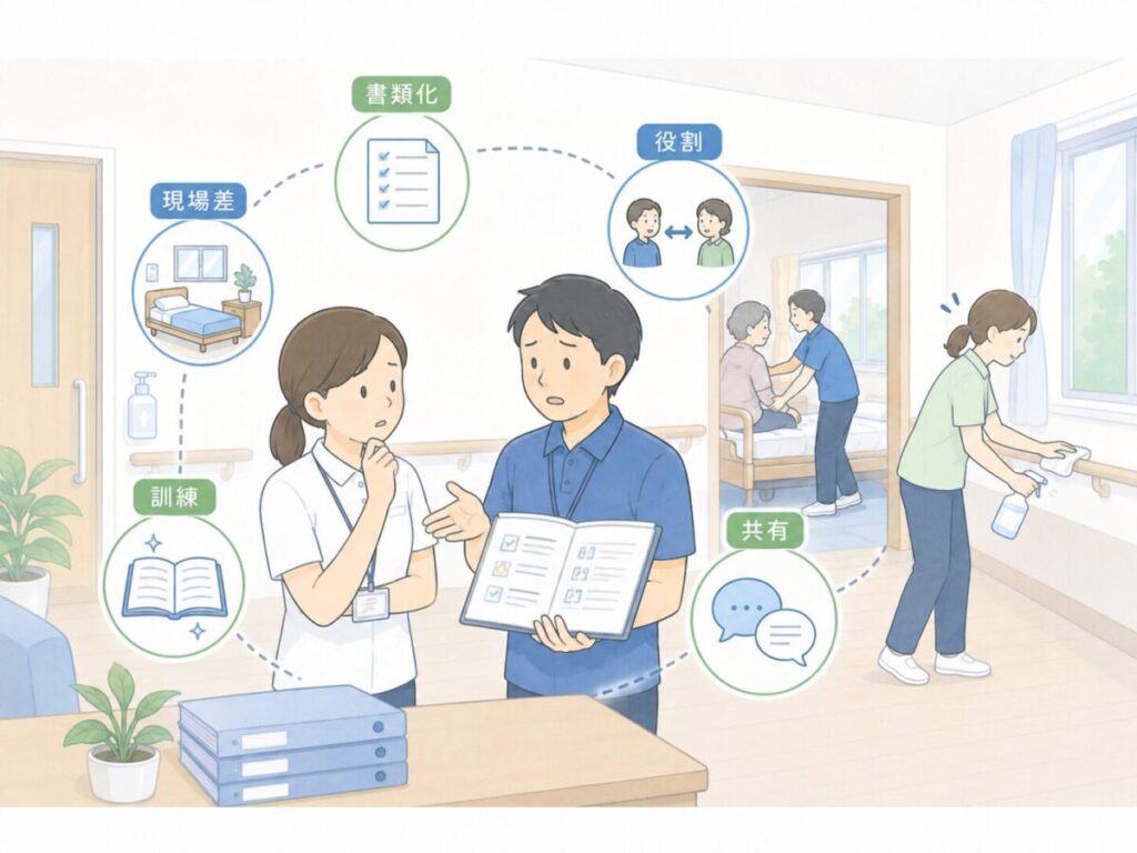 書類化・現場差・訓練不足・役割分担・情報共有の課題を確認する介護職員のイラスト。