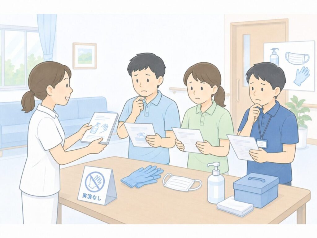感染対策の資料を配布されても、実演がなく理解しにくい研修場面を表したイラスト。