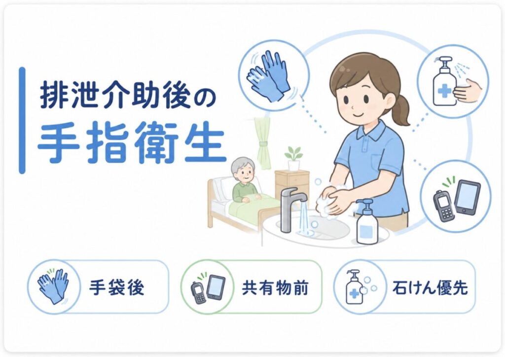 排泄介助後に介護職員が手洗いを行い、手袋後・共有物に触れる前・石けん使用のポイントを示した図解