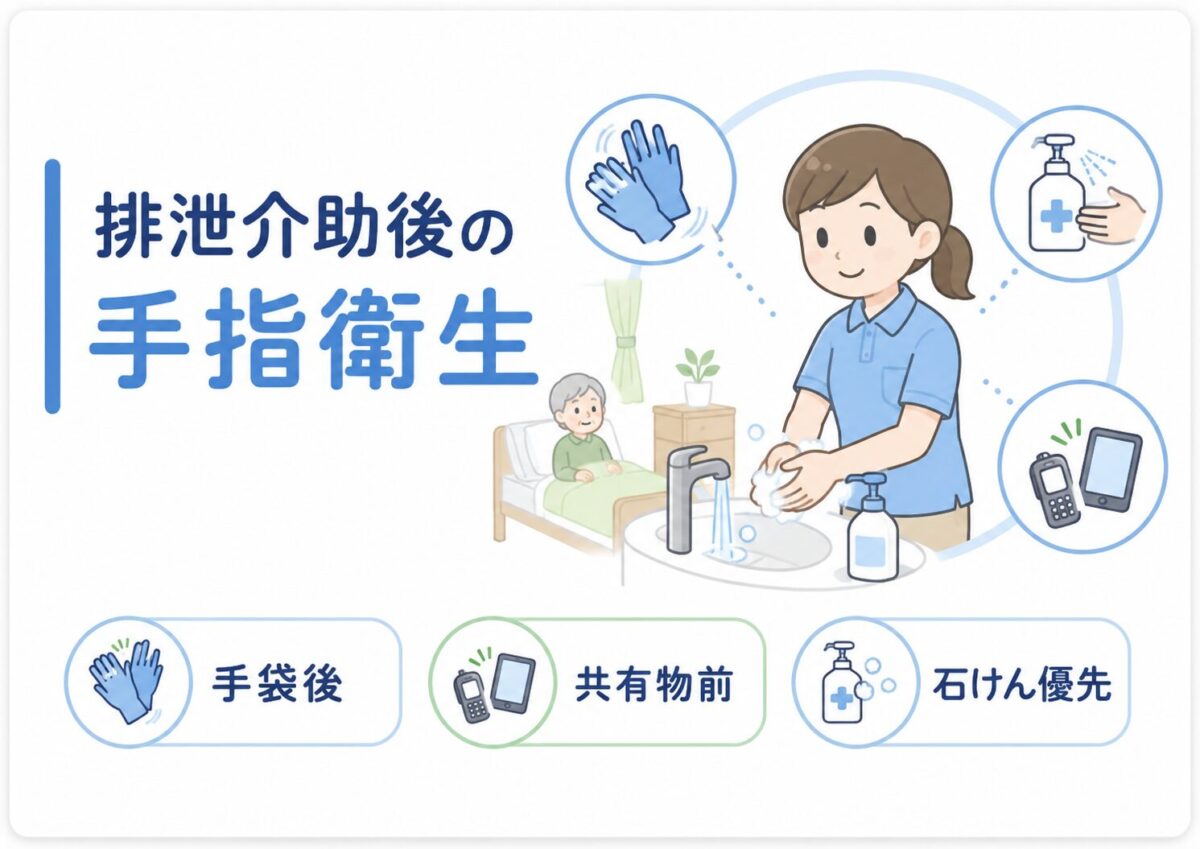 排泄介助後に介護職員が手洗いを行い、手袋後・共有物に触れる前・石けん使用のポイントを示した図解