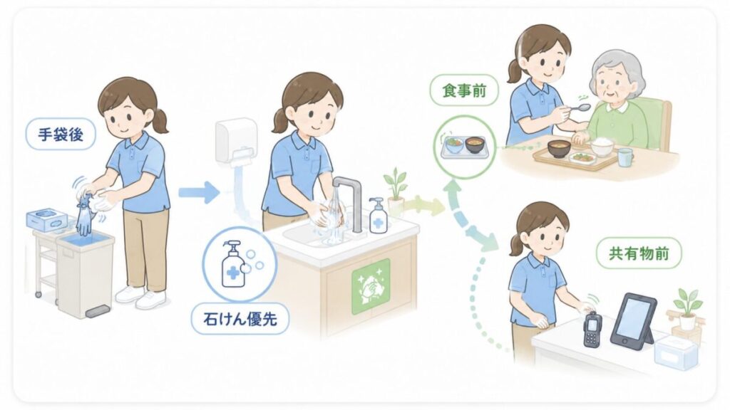 手袋を外した後に手洗いし、食事介助前や共有物に触る前へつなげる流れを示した介護現場の図解