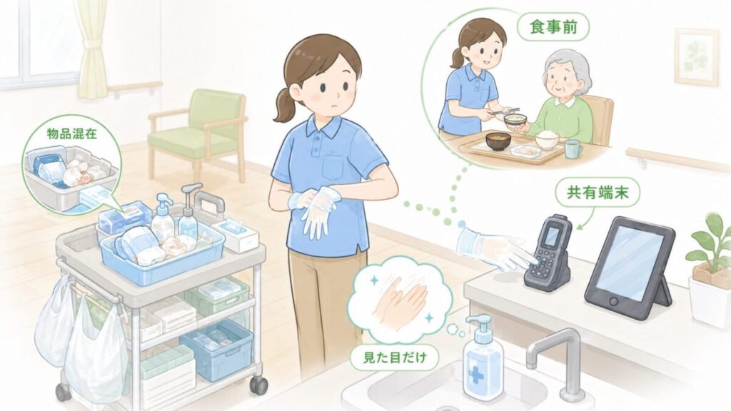 手袋のまま共有端末に触れる、食事介助へ移る、物品が混在するなど、手指衛生が崩れやすい場面を示した図解
