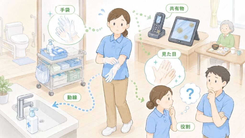手袋への安心感、共有物、見た目、動線、役割の曖昧さが手指衛生を崩しやすくする要因を示した図解