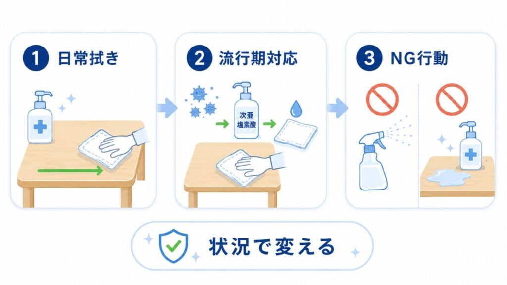 日常時と流行期の拭き方の違いを示した図