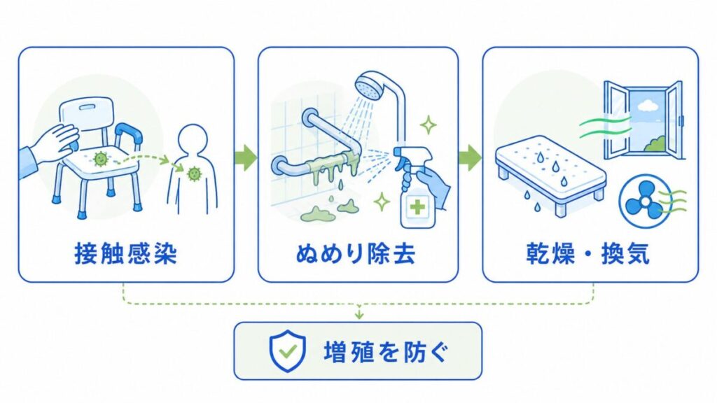 接触感染と浴室の清掃対策を示す図