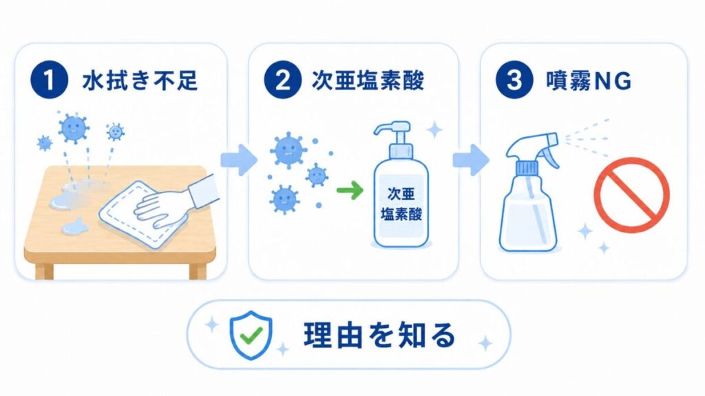 水拭き不足・次亜塩素酸・噴霧NGの理由を示した図