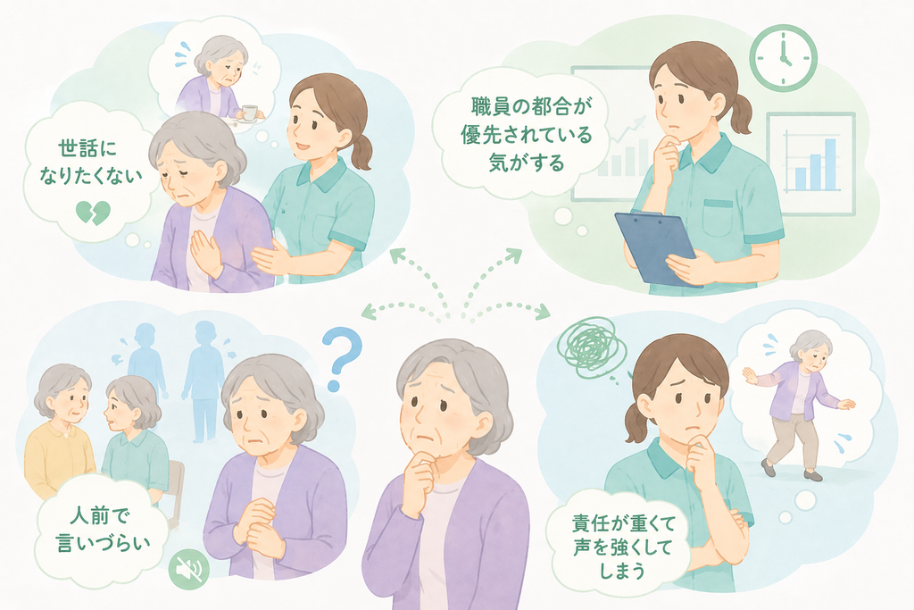 トイレ介助を拒否する背景にある自尊心や人前での言いづらさ、職員側の焦りを整理したイラスト