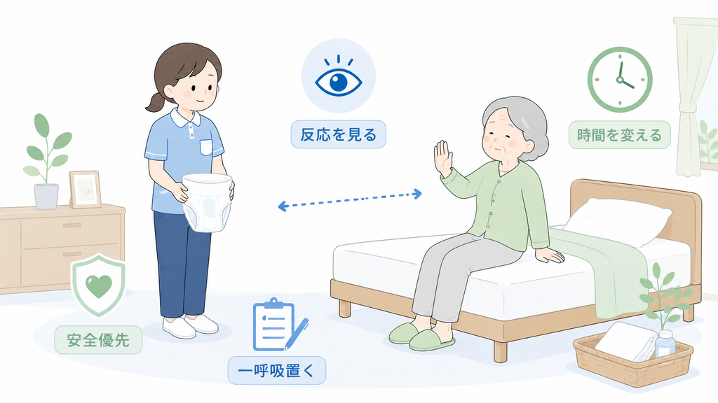 パット交換を拒否する高齢者に対し、介護士が距離を取り、反応や安全を見ながら時間を変えて対応する様子。