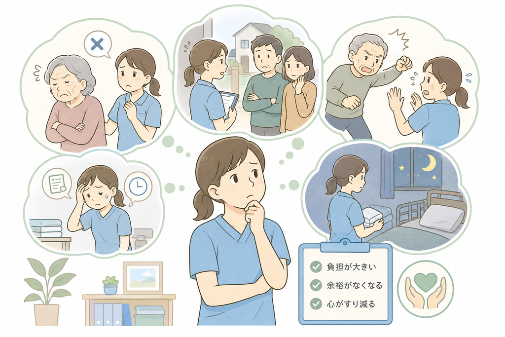 パット交換の拒否に加え、家族対応や暴力的反応、夜勤負担など複数の場面で悩む介護士の様子。